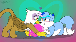Size: 3840x2160 | Tagged: safe, artist:rupert, gilda, oc, oc:rupert the blue fox, earth pony, fox, fox pony, griffon, hybrid, original species, pony, g4, balloon, blushing, butt, canon x oc, chubby, cute, female, gildadorable, heart, heart balloon, heart eyes, hearts and hooves day, high res, holiday, looking at each other, lying down, male, ocbetes, pale belly, plot, prone, rupertbetes, shipping, smiling, straight, that fox sure does love balloons, that pony sure does love balloons, valentine's day, wingding eyes