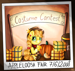 Size: 1280x1210 | Tagged: safe, artist:appleneedle, oc, oc:apple needle, earth pony, pony, banana, barrel, boots, clothes, contest, costume, cowboy, cowgirl, female, filly, food, gun, hat, patreon, patreon reward, photo, pumpkin, sheriff, shoes, weapon