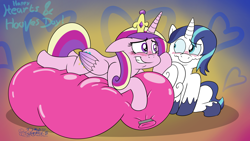Size: 3840x2160 | Tagged: safe, artist:rupert, princess cadance, shining armor, alicorn, pony, unicorn, g4, balloon, balloon fetish, balloon riding, blushing, cute, female, fetish, heart, heart balloon, heart eyes, hearts and hooves day, high res, holiday, hoof on cheek, love, lying down, lying on balloon, male, mare, mismatched eyes, party balloon, prone, shining adorable, ship:shiningcadance, shipping, sitting, stallion, straight, that pony sure does love balloons, valentine's day, wavy mouth, wingding eyes