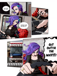 Size: 1800x2400 | Tagged: safe, artist:ilacavgbmjc, rarity, human, equestria girls, g4, bus, clothes, comic, comic page, crossover, driving, high heels, humanized, pedal, road rage, seat, shoes, solo, spice girls, spice world, steering wheel, stiletto heels