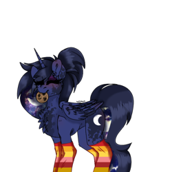 Size: 432x432 | Tagged: safe, artist:moodi, princess luna, alicorn, pony, g4, alternate design, alternate hairstyle, blushing, chest fluff, chinese new year, chocolate chip cookie, clothes, cookie, cute, cutie mark, ethereal mane, eyes closed, folded wings, food, galaxy mane, happy, lunabetes, markings, moodi is trying to murder us, princess luna is amused, simple background, socks, splotches, striped socks, transparent background, wings