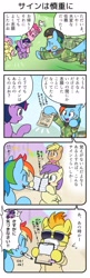 Size: 733x2275 | Tagged: safe, artist:wakyaot34, fluttershy, pinkie pie, rainbow dash, spitfire, twilight sparkle, alicorn, pony, g4, 4koma, autograph, background pony, blushing, comic, face mask, flag waving, flying, japanese, mask, smiling, translated in the comments, twilight sparkle (alicorn), waving, wonderbolts