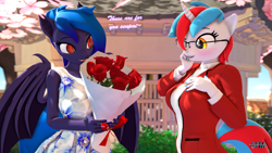 Size: 1920x1080 | Tagged: safe, artist:anthroponiessfm, oc, oc only, oc:audina puzzle, oc:wavelength, bat pony, anthro, 3d, anthro oc, bat pony oc, blushing, bouquet, clothes, cute, dress, female, flower, glasses, holiday, lesbian, looking at each other, rose, source filmmaker, valentine's day