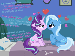 Size: 2084x1563 | Tagged: safe, artist:gutovi, starlight glimmer, trixie, pony, unicorn, g4, bed, blushing, duo, female, heart, hearts and hooves day, holiday, kiss on the lips, kissing, kissy face, lesbian, lidded eyes, love, mare, on bed, poem, raised hoof, ship:startrix, shipping, show accurate, signature, starlight's room, valentine's day