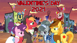 Size: 2064x1161 | Tagged: safe, anonymous artist, apple munchies, big macintosh, blues, braeburn, caramel, cool star, daisy, fine line, flower wishes, goldengrape, marble pie, maxie, minuette, noteworthy, royal riff, sir colton vines iii, starburst (character), sugar belle, earth pony, pony, unicorn, g4, 2021, apple family member, appleloosa, boyfriend and girlfriend, braeble, braeburn's hat, clothes, couples, cowboy hat, dancing, dress, female, hat, hearts and hooves day, holiday, husband and wife, looking at each other, male, mare, party, ship:sugarmac, shipping, shirt, smiling, stallion, straight, valentine's day, visiting, youtube link in the description