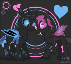 Size: 992x896 | Tagged: safe, artist:wheatley r.h., derpibooru exclusive, oc, oc only, oc:lara, oc:w. rhinestone eyes, changeling, honeypot changeling, bat wings, fangs, female, folded wings, happy together, heart, hearts and hooves day, holiday, horn, horns are touching, male, mare, single panel, song reference in the description, stallion, the turtles, valentine's day, vector, watermark, wings