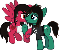 Size: 1537x1288 | Tagged: safe, artist:lightningbolt, derpibooru exclusive, earth pony, pegasus, pony, g4, .svg available, annoyed, blushing, bring me the horizon, cheek kiss, clothes, crack shipping, dubious consent, ears back, feathered wings, flying, gay, holding hooves, kissing, lidded eyes, lip piercing, looking at each other, male, mike fuentes, pierce the veil, piercing, ponified, shipping, shirt, show accurate, simple background, spread wings, stallion, stallion on stallion, svg, t-shirt, tattoo, tom sykes, transparent background, vector, wings