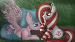 Size: 2992x1679 | Tagged: safe, artist:ledwine glass, oc, oc:electric television, oc:lollipopsocks, earth pony, pegasus, pony, boop, candy, clothes, food, grass, lollipop, sitting, smiling, socks, wings