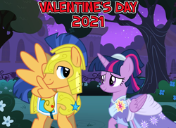 Size: 2064x1500 | Tagged: safe, anonymous artist, flash sentry, twilight sparkle, alicorn, pegasus, pony, g4, the last problem, 2021, armor, bella notte, canterlot, clothes, coronation dress, dress, duo, female, flower, garden, hearts and hooves day, holiday, looking at each other, lyrics in the description, male, night, royal guard armor, second coronation dress, ship:flashlight, shipping, smiling, stars, straight, twilight sparkle (alicorn), valentine's day, youtube link in the description