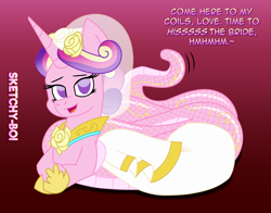 Size: 2800x2200 | Tagged: safe, artist:snakeythingy, princess cadance, lamia, original species, g4, bride, clothes, coils, dialogue, dress, high res, imminent snuggles, lamiafied, looking at you, pun, species swap, story included, wedding dress
