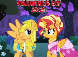 Size: 2064x1500 | Tagged: safe, alternate version, artist:orin331, edit, flash sentry, sunset shimmer, pegasus, pony, unicorn, g4, 2021, armor, clothes, dress, duo, female, friendship, gala dress, hearts and hooves day, holiday, looking at each other, male, ship:flashimmer, shipping, straight, valentine's day