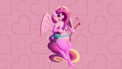Size: 1685x948 | Tagged: safe, artist:phutashi, princess cadance, alicorn, pony, semi-anthro, g4, arm hooves, arrow, belt, blood, bow (weapon), clothes, cupidance, female, gloves, heart, heart background, hearts and hooves day, holding, holiday, long gloves, looking at you, mare, open mouth, pink socks, quiver, smiling, solo, spread wings, stockings, thigh highs, three quarter view, utility belt, valentine's day, wings