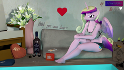 Size: 3840x2160 | Tagged: safe, artist:antonsfms, princess cadance, alicorn, anthro, plantigrade anthro, g4, 3d, alcohol, barefoot, beer, beer bottle, bottle, bouquet, bouquet of flowers, box of chocolates, bra, candy, chair, clothes, cute, feet, female, floating heart, flower, food, glass, heart, hearts and hooves day, high res, holiday, looking at you, phone, pillow, poolside, shoes, shorts, sitting, smiling, solo, source filmmaker, speaker, sports bra, text, underwear, valentine's day, wine, wine bottle, wine glass, wings