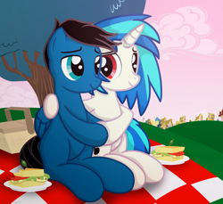 Size: 7200x6600 | Tagged: safe, artist:agkandphotomaker2000, dj pon-3, vinyl scratch, oc, oc:pony video maker, pegasus, pony, unicorn, g4, basket, canon x oc, female, food, hill, holding hooves, looking at each other, male, picnic, picnic basket, picnic blanket, plate, ponyville, red eyes, sandwich, shipping, show accurate, sitting, straight, tree, videoscratch