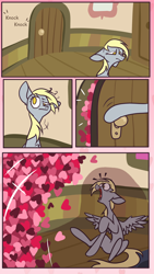Size: 1080x1920 | Tagged: safe, artist:german_frey, part of a set, derpy hooves, pegasus, pony, g4, comic, commission, confused, door, female, hearts and hooves day, holiday, implied doctor whooves, mare, raised hoof, sad, shocked, sitting, solo, surprised, valentine, valentine's day, valentine's day card, ych result