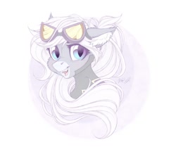 Size: 1600x1400 | Tagged: safe, artist:vird-gi, oc, oc only, bat pony, pony, cheek fluff, ear fluff, fangs, female, goggles, looking at you, mare, smiling, solo