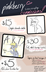 Size: 4500x7000 | Tagged: safe, artist:pinkberry, derpy hooves, oc, oc:xrei, pony, g4, advertisement, commission info