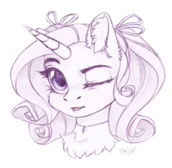 Size: 1240x1215 | Tagged: safe, artist:vird-gi, rarity, pony, unicorn, g4, alternate hairstyle, bow, chest fluff, ear fluff, female, hair bow, jewelry, looking at you, mare, necklace, one eye closed, ribbon, sketch, solo, wink