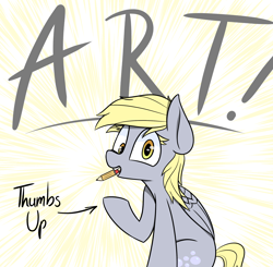 Size: 2076x2031 | Tagged: safe, artist:pinkberry, derpy hooves, pony, g4, female, high res, mouth hold, pencil, solo, sunburst background, text