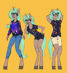 Size: 1280x1391 | Tagged: safe, artist:toisanemoif, oc, oc only, unicorn, anthro, unguligrade anthro, '90s, clothes, glasses, grin, jeans, looking at you, pants, shirt, shorts, smiling