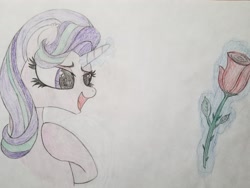 Size: 2016x1512 | Tagged: safe, artist:straighttothepointstudio, edit, starlight glimmer, pony, unicorn, g4, colored, ear fluff, flower, happy, hoof on chest, long eyelashes, rose, solo