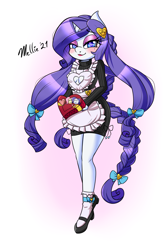 Size: 1200x1800 | Tagged: safe, artist:melliedraws, rarity, anthro, g4, blushing, box of chocolates, clothes, heart, heart eyes, heart nostrils, looking at you, maid, solo, stockings, thigh highs, wingding eyes