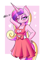 Size: 950x1300 | Tagged: safe, artist:melliedraws, princess cadance, anthro, g4, boob window, breasts, cleavage, clothes, dress, heart, heart eyes, heart nostrils, heart shaped boob window, lipstick, looking at you, one eye closed, solo, wingding eyes, wink, winking at you