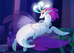 Size: 990x720 | Tagged: safe, artist:oriando, queen novo, seapony (g4), g4, my little pony: the movie, bioluminescent, colored pupils, crown, dorsal fin, eyelashes, female, fin wings, fins, fish tail, flowing mane, flowing tail, jewelry, purple eyes, queen, regalia, seaquestria, seaweed, smiling, solo, tail, underwater, water, wings