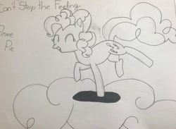 Size: 1080x789 | Tagged: safe, artist:lillycloudart, pinkie pie, earth pony, pony, cloud, eyes closed, female, lineart, mare, on a cloud, open mouth, smiling, solo, traditional art