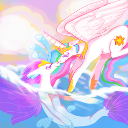 Size: 1000x1000 | Tagged: safe, artist:kindestegg, princess celestia, queen novo, alicorn, pony, seapony (g4), g4, my little pony: the movie, bioluminescent, cloud, colored pupils, crown, duo, duo female, eyelashes, female, fin wings, fins, fish tail, flowing mane, flowing tail, flying, hoof shoes, horn, jewelry, lesbian, looking at each other, necklace, novolestia, ocean, purple eyes, regalia, shipping, sky, smiling, swimming, tail, underwater, water, wings