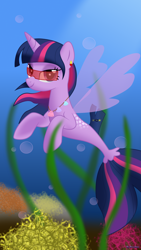 Size: 1080x1920 | Tagged: safe, artist:brucehun, twilight sparkle, alicorn, pony, seapony (g4), g4, bubble, crepuscular rays, deviantart watermark, dorsal fin, female, fin wings, fish tail, flowing mane, flowing tail, horn, jewelry, necklace, obtrusive watermark, ocean, purple eyes, seaponified, seapony twilight, seashell, seashell necklace, seaweed, smiling, solo, species swap, tail, twilight sparkle (alicorn), underwater, water, watermark, wings