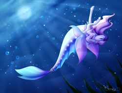 Size: 2811x2134 | Tagged: safe, artist:creativecocoacookie, oc, oc only, hybrid, merpony, seapony (g4), bubble, crepuscular rays, dorsal fin, eyes closed, female, fish tail, flower, flower in hair, flowing mane, flowing tail, high res, looking up, ocean, seaweed, smiling, solo, tail, underwater, water, wings