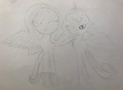 Size: 1080x792 | Tagged: safe, artist:lillycloudart, fluttershy, princess flurry heart, alicorn, pegasus, pony, g4, duo, eyes closed, female, grin, horn, hug, lineart, mare, one eye closed, smiling, spread wings, traditional art, winghug, wings, wink