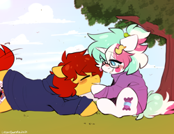 Size: 1458x1120 | Tagged: safe, artist:cottonsweets, oc, oc only, oc:cottonsweets, oc:steffy, earth pony, pony, unicorn, clothes, glasses, shipping, sweater, tree