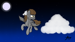 Size: 3860x2160 | Tagged: safe, artist:justapone, oc, oc only, oc:devin, bat pony, pony, bat pony oc, brown mane, brown tail, cloud, colored, flying, grey fur, high res, moon, moonlight, night, night sky, scenery, shading, shading practice, sky, smiling, solo, stars, wings, yellow eyes
