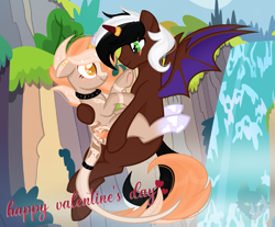 Size: 1203x997 | Tagged: safe, artist:louyalpha, oc, oc only, oc:kingdicesombra, oc:louyalpha, alicorn, bat pony, bat pony alicorn, pony, unicorn, bat wings, colored pupils, couple, duo, holiday, horn, horn ring, leonine tail, love, ponyville, ring, sky, tail, valentine's day, wings