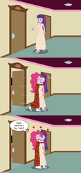 Size: 1920x4115 | Tagged: safe, artist:robukun, pinkie pie, twilight sparkle, equestria girls, g4, clothes, comic, female, holiday, lesbian, long dress, long skirt, nightgown, pajamas, ship:twinkie, shipping, skirt, valentine's day