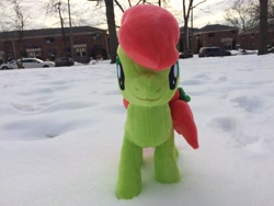 Size: 3264x2448 | Tagged: safe, artist:topsangtheman, peachy sweet, earth pony, pony, g4, apple family member, cute, high res, irl, looking at you, park, photo, plushie, snow, solo