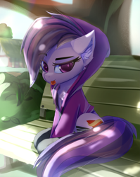 Size: 2137x2685 | Tagged: safe, artist:jfrxd, oc, oc only, oc:ruby geminis, earth pony, pony, :p, alternate clothes, bench, clothes, dreamworks face, ear fluff, earth pony oc, high res, hoodie, looking at you, sitting, solo, tongue out