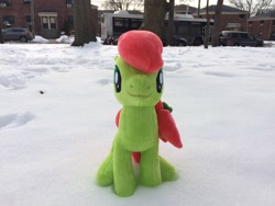 Size: 3264x2448 | Tagged: safe, artist:topsangtheman, peachy sweet, earth pony, pony, g4, apple family member, cute, high res, irl, looking at you, park, photo, plushie, sitting, snow, solo