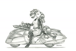 Size: 1400x936 | Tagged: safe, artist:baron engel, rarity, unicorn, anthro, g4, female, mare, monochrome, motorcycle, pencil drawing, solo, traditional art