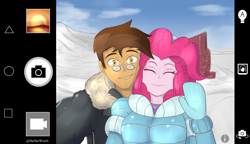Size: 2551x1474 | Tagged: safe, artist:stellarwools, pinkie pie, oc, oc:copper plume, human, equestria girls, g4, canon x oc, clothes, colored, commission, commissioner:imperfectxiii, copperpie, female, looking at you, male, mountain, shipping, snow, straight, vacation, winter, winter outfit