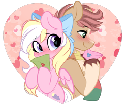 Size: 1141x944 | Tagged: safe, artist:emberslament, artist:oofycolorful, oc, oc:bay breeze, oc:pitch pine, earth pony, pegasus, pony, blushing, bow, clothes, cute, daaaaaaaaaaaw, female, hair bow, heart eyes, male, mare, oc x oc, ocbetes, pinebreeze, scarf, shipping, simple background, stallion, straight, transparent background, unshorn fetlocks, wingding eyes