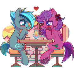 Size: 2480x2562 | Tagged: safe, artist:wavecipher, oc, oc only, oc:cyberwave, oc:superluminal, earth pony, pegasus, pony, blushing, colored wings, commission, drink, eyeshadow, flower, flower in hair, gay, glasses, gradient wings, heart, heart eyes, high res, holiday, lidded eyes, looking at each other, makeup, male, rule 63, sharing a drink, shipping, simple background, sitting, stallion, stool, straw, table, transparent background, unshorn fetlocks, valentine's day, wingding eyes, wings, ych result