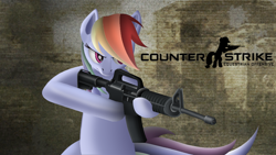 Size: 1920x1080 | Tagged: safe, artist:cryzeu, rainbow dash, pegasus, pony, g4, assault rifle, counter-strike, counter-strike: global offensive, crossover, determined, female, gradient hooves, gradient mane, gun, lineless, logo, mare, rifle, serious, serious face, wallpaper, weapon