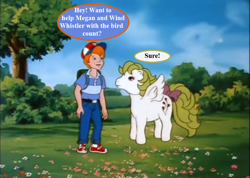Size: 934x664 | Tagged: safe, edit, edited screencap, editor:korora, screencap, danny williams, surprise, g1, my little pony 'n friends, the great rainbow caper, baseball cap, bow, cap, dialogue, hat, implied megan, implied wind whistler, speech bubble, tail bow, this will not end well, tree