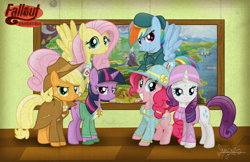 Size: 1700x1100 | Tagged: safe, artist:shungire, applejack, fluttershy, pinkie pie, rainbow dash, rarity, twilight sparkle, earth pony, pegasus, pony, unicorn, fallout equestria, g4, brooch, clothes, flower, hat, jewelry, logo, mane six, map, map of equestria, ministry of arcane sciences, ministry of awesome, ministry of image, ministry of morale, ministry of peace, ministry of wartime technology, overcoat, unicorn twilight, uniform, uniform hat