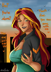 Size: 2480x3508 | Tagged: safe, artist:nire, sunset shimmer, human, g4, bedroom eyes, blushing, breasts, bronybait, building, busty sunset shimmer, city, cleavage, clothes, female, high res, humanized, jacket, looking at you, nail polish, smiling, smiling at you, solo, sunset