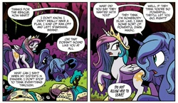 Size: 982x571 | Tagged: safe, idw, princess celestia, princess luna, alicorn, pony, g4, legends of magic #1, my little pony: legends of magic, spoiler:comic, alternate dimension, alternate universe, butt, comic, dark forest, duo, duo female, female, implied nightmare moon, implied starswirl, mare, nightmare moon armor, plot, siblings, sisters, young celestia, young luna
