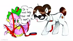 Size: 3884x2179 | Tagged: safe, artist:liaaqila, raven, spike, dragon, pony, unicorn, g4, commission, cute, duct tape, female, glasses, grammar error, hair bun, high res, interspecies, male, mare, necktie, older, older spike, ravenbetes, red tape, secretary, ship:ravenspike, shipping, spikabetes, straight, stuck, tape, traditional art, winged spike, wings